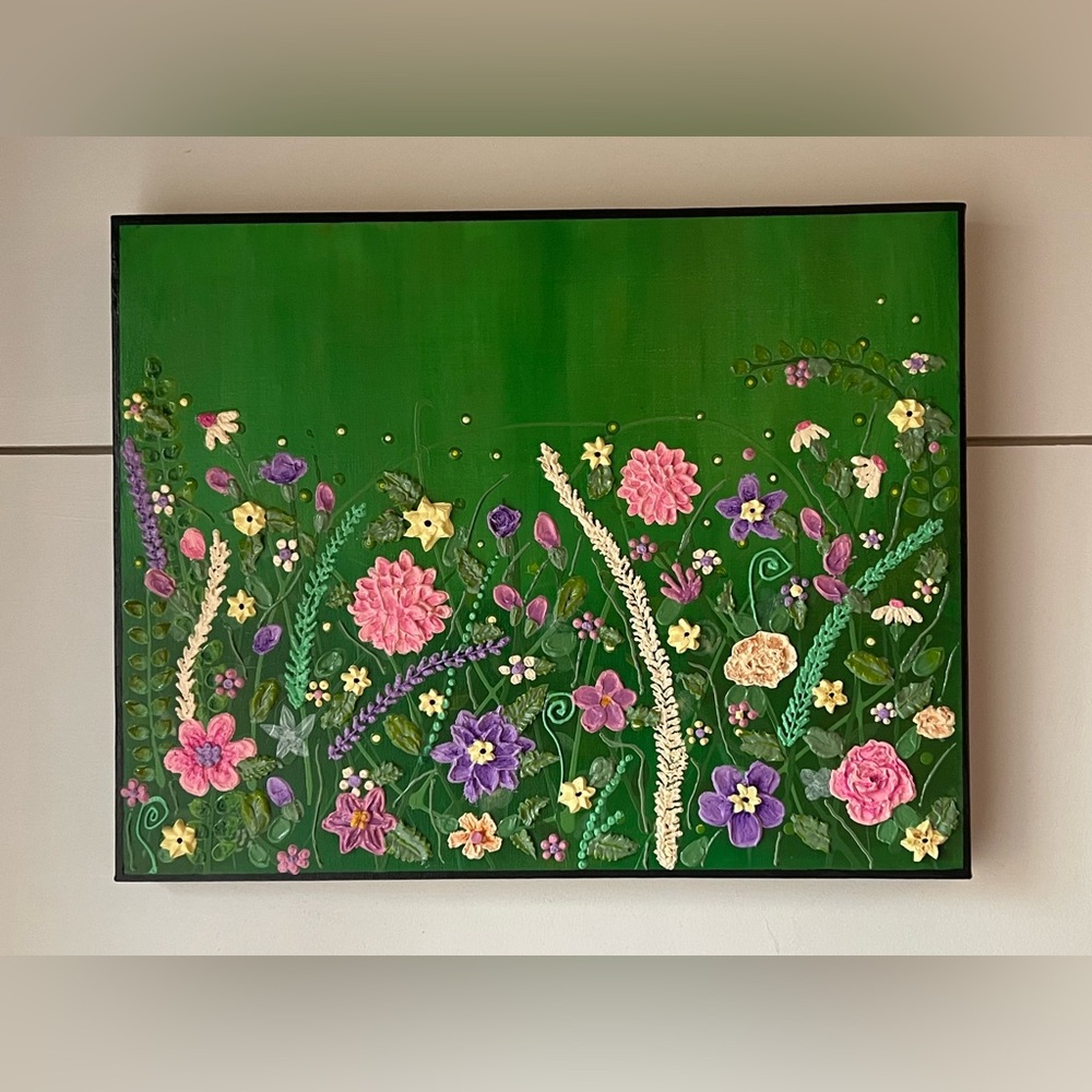 Original Textured Floral Garden Painting – Mixed Media on Canvas